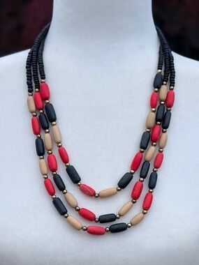 Three-Strand Beaded Necklace in Red, Black & Tan